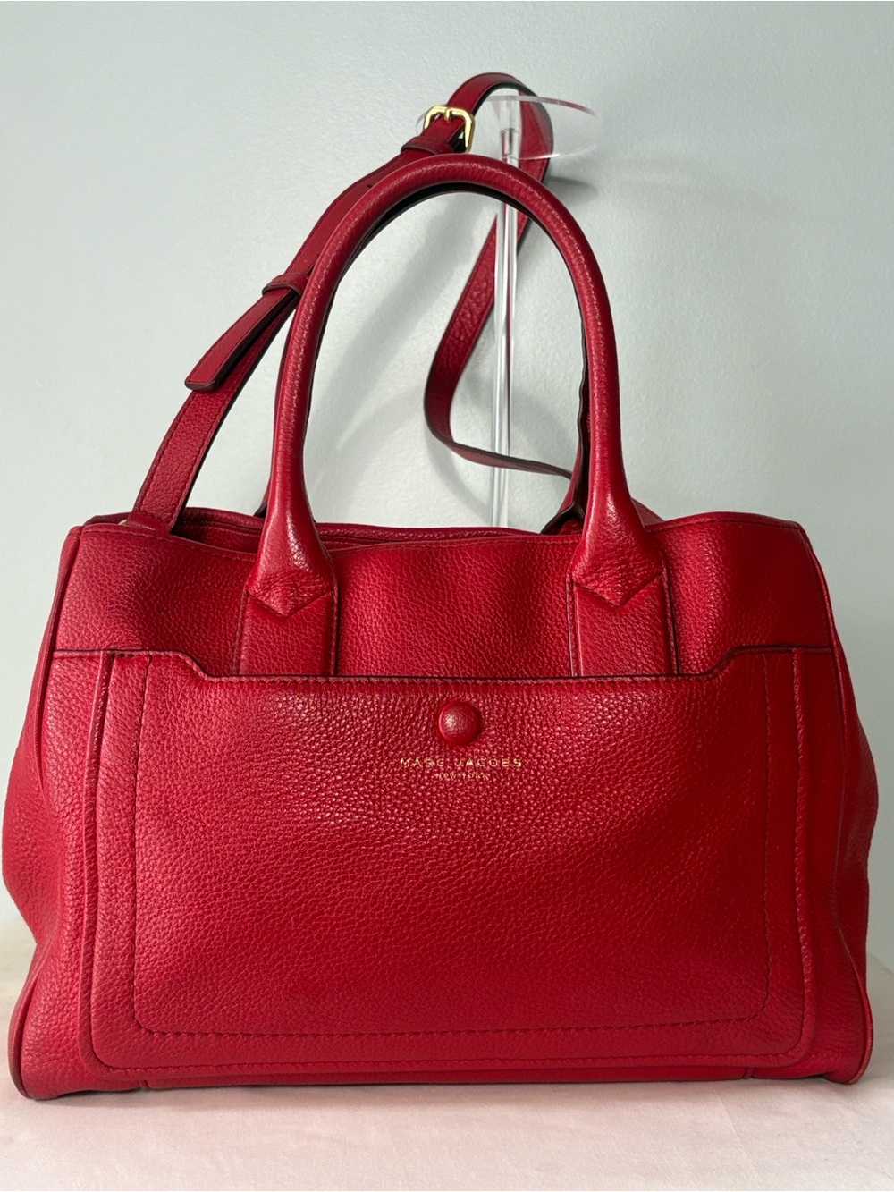 Marc Jacobs Red Pebbled Leather Empire City Tote/Gold Accent/Front Embossed Logo